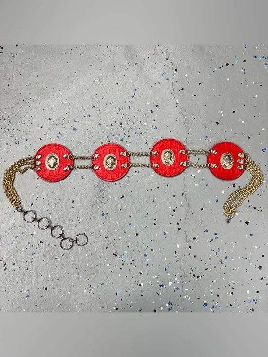 Vintage Western Disc Belt Silver Concho Red Embossed Faux Leather Gold Chain S/M - Picture 6 of 13